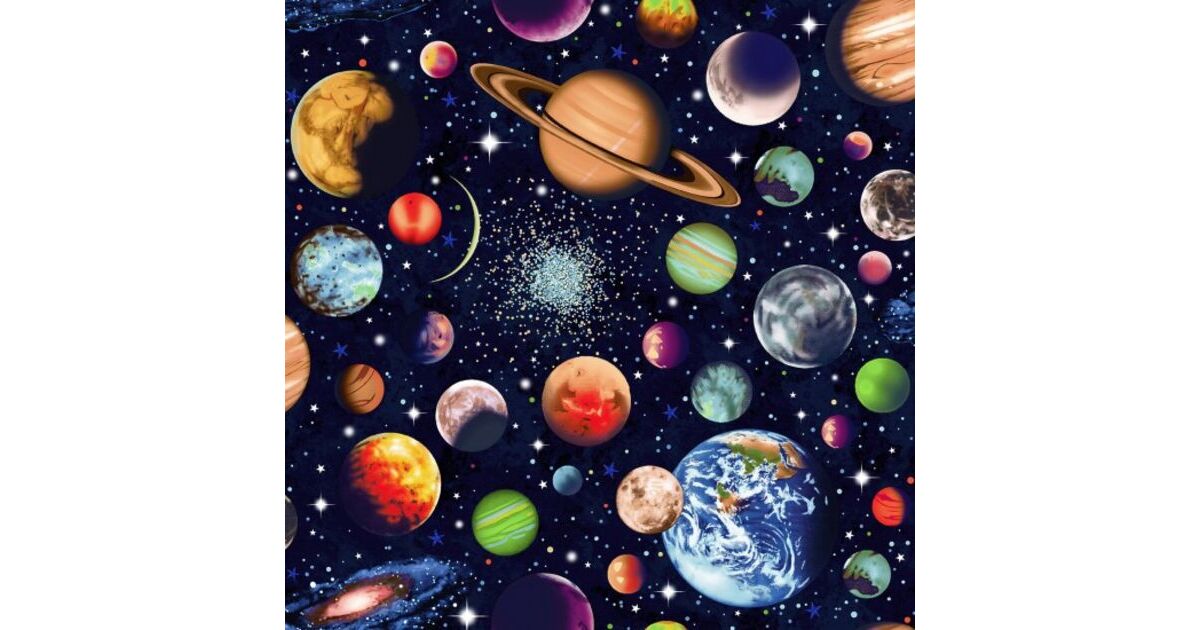 100% Cotton Fabric Nutex Solar System Glitter Outer Space Planets